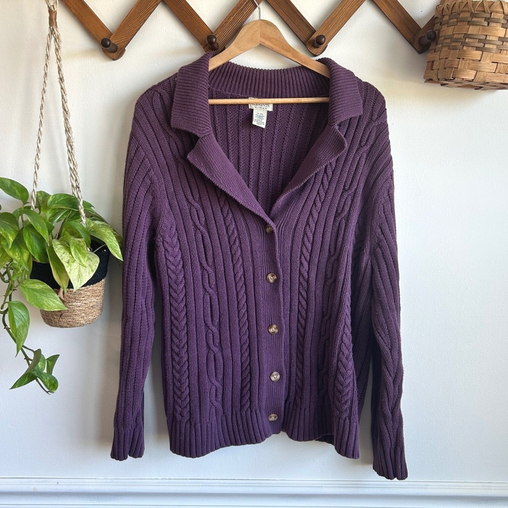 Vintage Classic Elements Woman Purple Cable Knit Button Front Cardigan Sweater